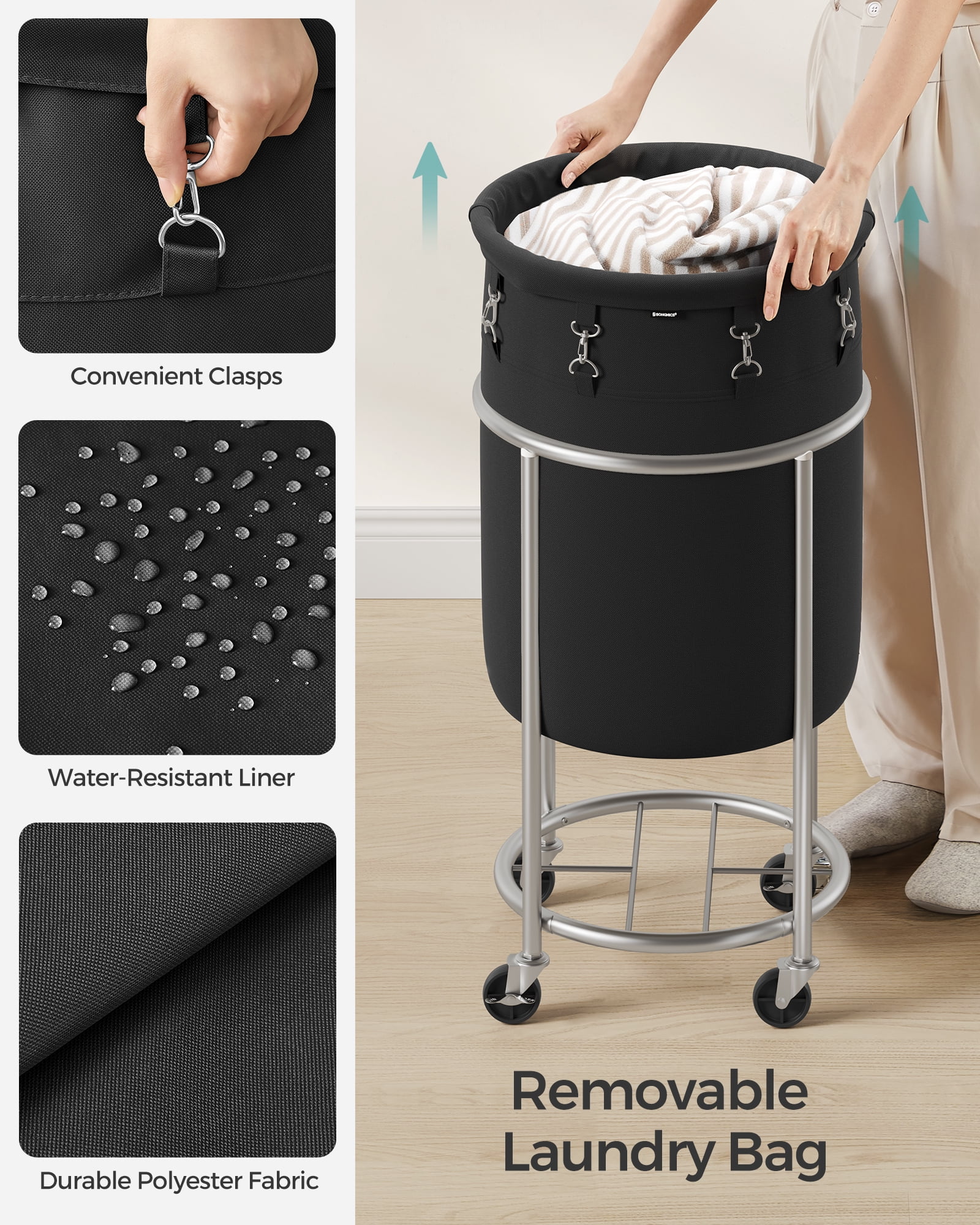 18.5Gal Laundry Hamper with Wheels Round Rolling Laundry Sorter Laundry Cart with Removable Bag for Laundry Room Black and Silver