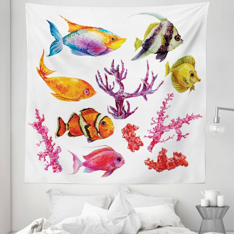 Fish Tapestry, Illustration of Exotic Fish Seaweed Coral Algae and  Jellyfish Oceanic Wild Life, Fabric Wall Hanging Decor for Bedroom Living  Room