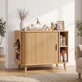 thumbnail image 2 of Cat Litter Box Enclosure with Sliding Doors, Wooden Cat Furniture Cabinet with 2 Storage Shelves & Top Table, Kitty-Friendly Round Entry, Hide Messy,Oak, 2 of 9