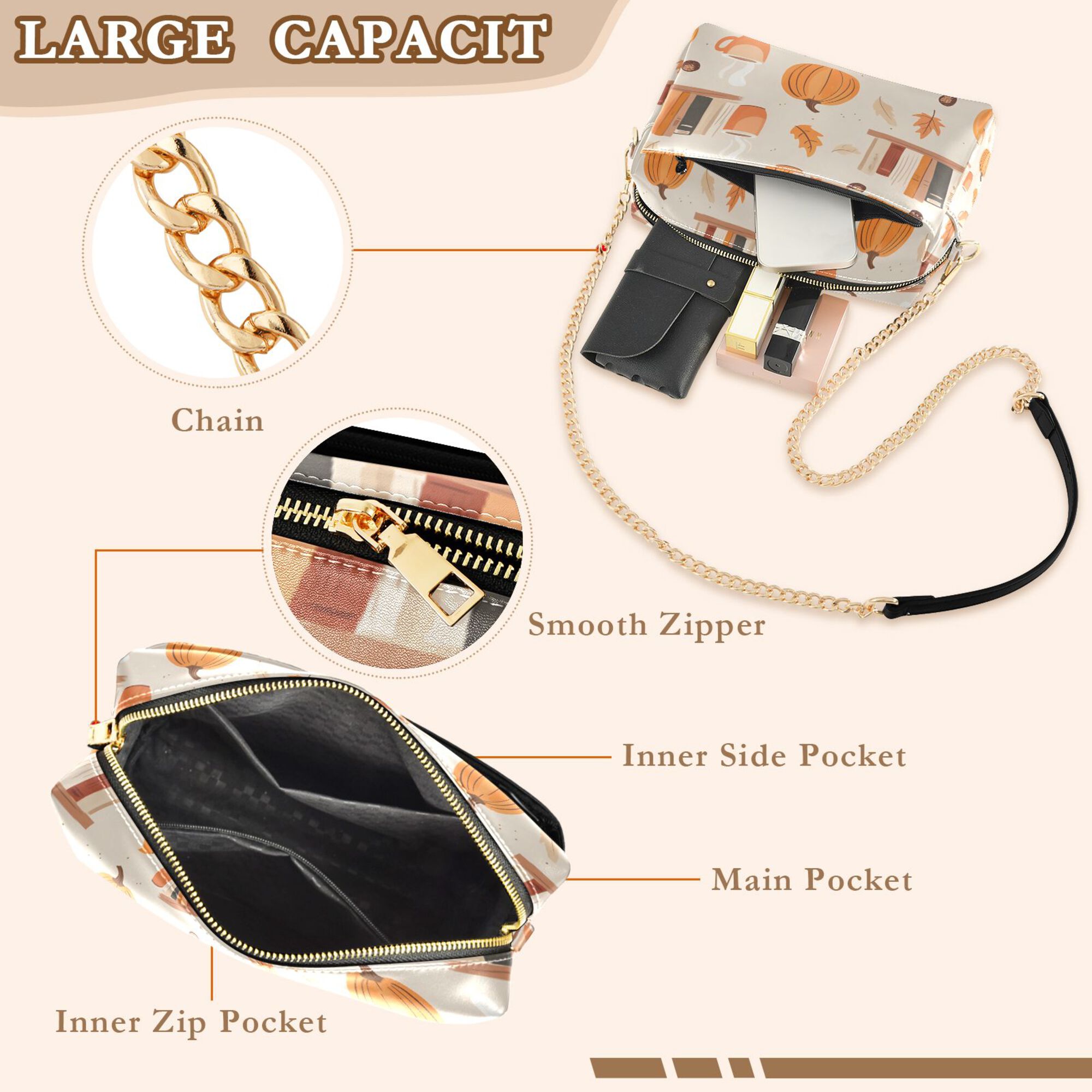 FORMRS Women Crossbody Purse with Chain Strap Vegan Leather Shoulder Handbag, Beige Fall Acorns Pattern