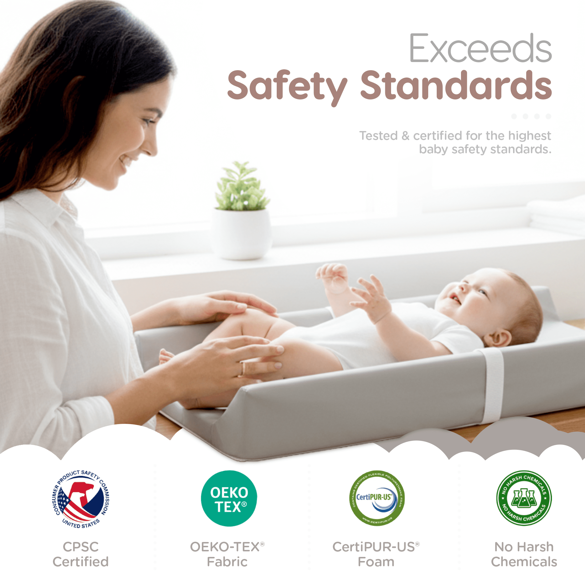 Waterproof Diaper Changing Pad by Sleepah – Vegan Leather – Wipeable Foam Changing Pad for Dresser or Table with Removable, Machine-Washable Cover – Standard Size Diaper Changing Pad – Grey