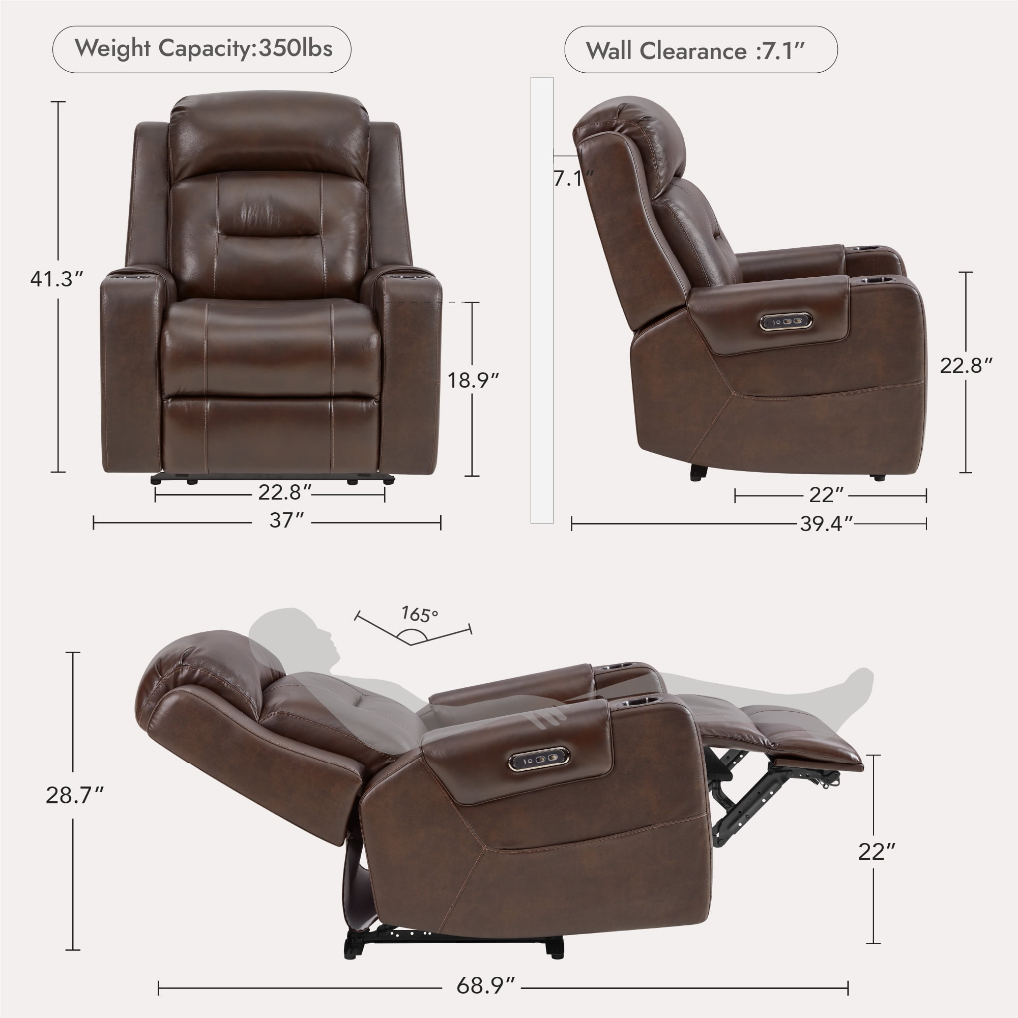 Spruce & Spring Lay-Flat Genuine Leather Power Recliner Chair with Headrest, Brown