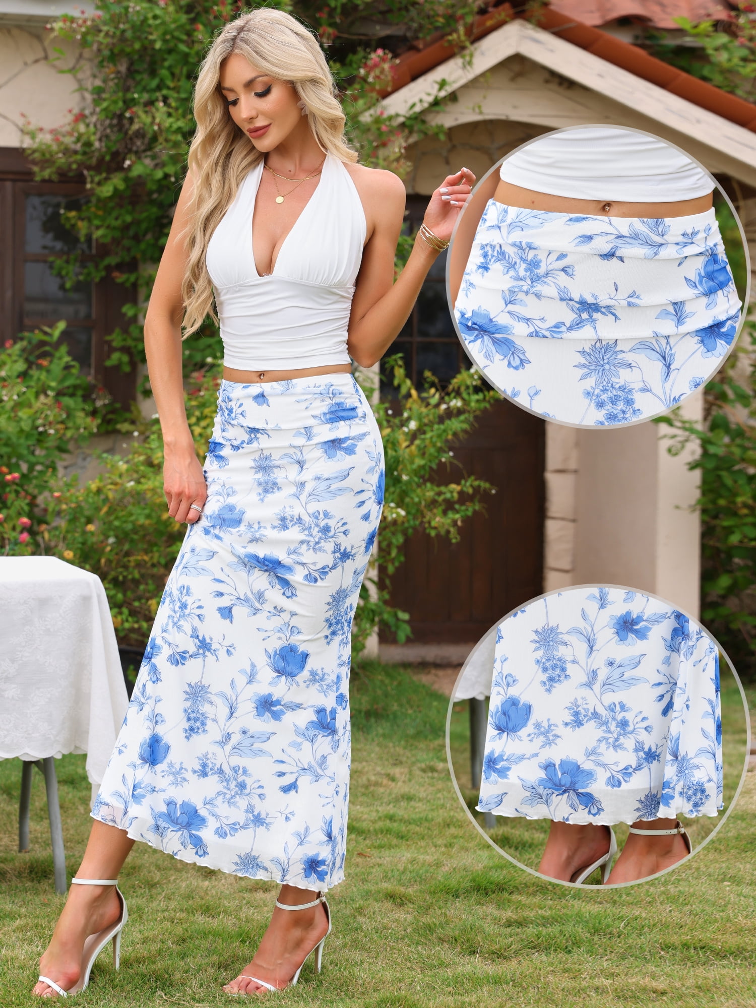 DARING DIVA Women's Floral Mesh Maxi 2026 High Waisted Boho Skirt X-Large White Blue