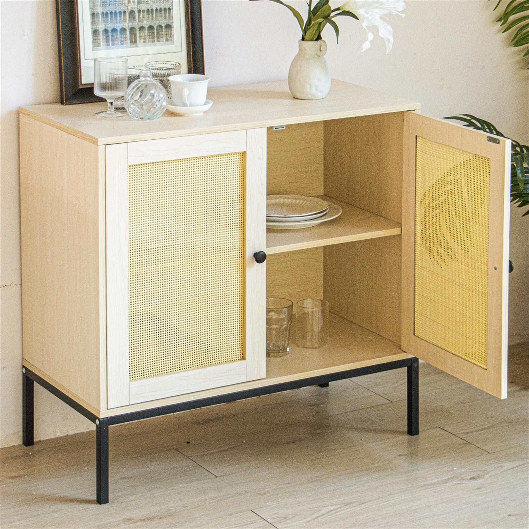 Kepooman 31.5" Tall 2 - Door Kitchen Storage Cabinet with 2 Rattan Doors and Metal Legs, Entryway Sideboard for Living Room, Natural Wood Kepooman 31.5" Tall 2 - Door Kitchen Storage Cabinet with 2 Rattan Doors and Metal Legs, Entryway Sideboard for Living Room, Natural Wood