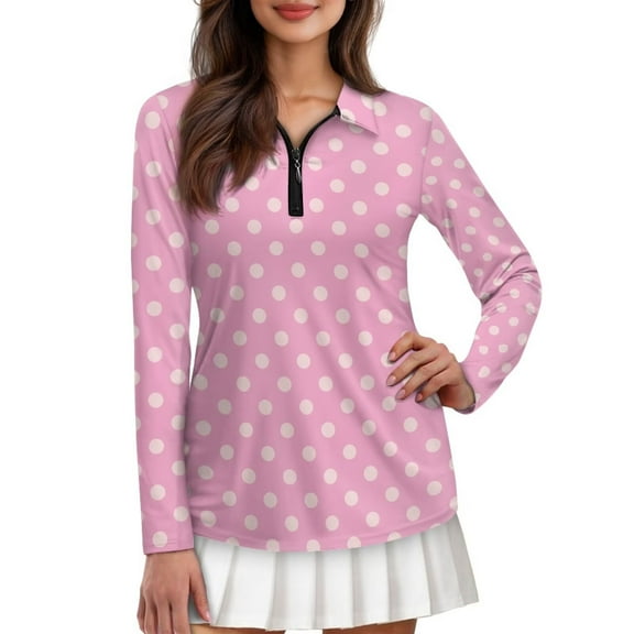 Yuyamidu Polka Dots Women's Golf Shirt Cute Pink Long Sleeve 1/4 Zip Athletic Tennis Shirts Stylish Workout Shirts for Women Size M