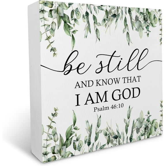5x5 IN Christian Scripture PSALM 46:10 Be Still and Know that I am God Watercolor Eucalyptus Leaves Wooden Box Sign Rustic Farmhouse Style Wood Block Plaque Decor