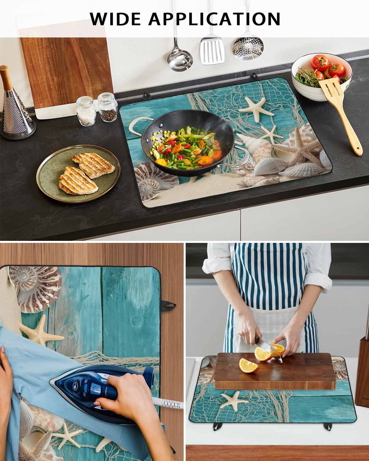 nqOlkjepod Large Induction Cooktop Protector Mat 24"x21", Teal Beach Coastal Stove Top Covers for Electric Stove, Summer Ocean Starfish Shell Conch Stove Burner Cover Mats, Glass Top Stove Cover
