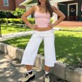 thumbnail image 6 of RUINIXCW Fold Over Capri Pants for Women Flowy Wide Leg Capri Pants Low Rise Yoga Culottes Pants Foldover Leggings Summer Beach Crop Palazzo Pants, 6 of 10