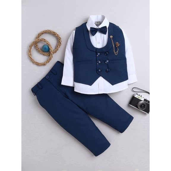 Boys Cotton Blend Double Breasted 3-Piece Suit Set with Bowtie - Deep Blue, 6-12M