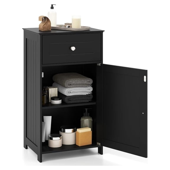 Bathroom Floor Cabinet, Single Door Side Storage Cabinet with Drawer, Wooden Storage Organizer for Bathroom, Living Room, Entryway, 17 x 13.5 x 30.5 inches (Black)