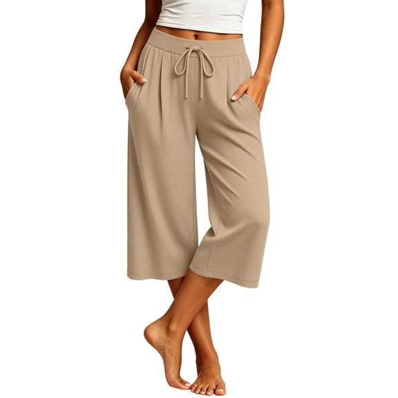 Vynhevius Women's Drawstring Capri Pants Pleated Waist Pockets Loose Wide Leg Casual Trousers