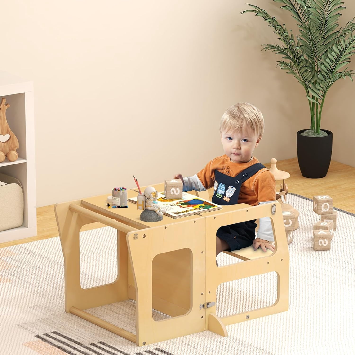 OLAKIDS Kids Table and Chair Set, 4 in 1 Foldable Wooden Activity Table with Blackboard Easel, Montessori Step Stool Table and Chair Set, Toddler Furniture Table for Playing Drawing Reading or Eating