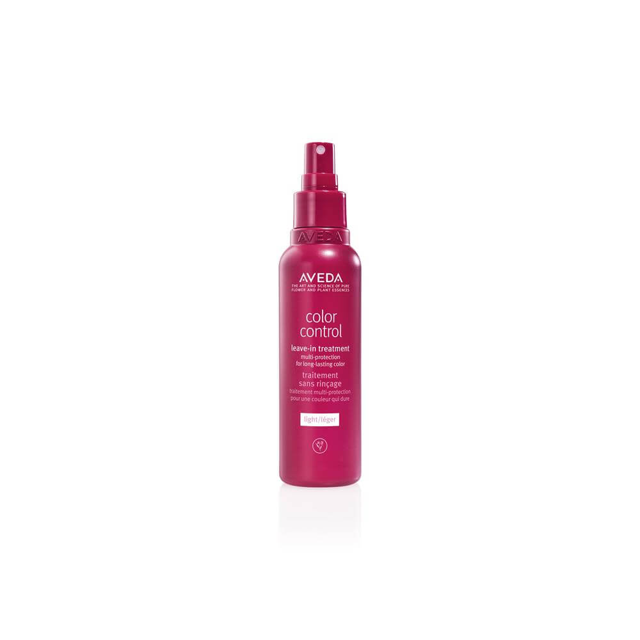 aveda - tratamiento sin aclarado color control light (150ml) en botella spray vista frontal, envase cilíndrico rosado oscuro con texto blanco que indica "color control" y "leave-in treatment", boquilla pulverizadora visible sobre fondo blanco; también suele usarse como spray de retoque para mantener brillo entre servicios de salón.