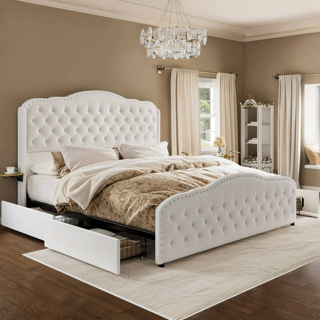 GUNAITO Cadre de Lit Grand Format avec 4 Tiroirs de Rangement, Lit Plateforme Rembourré en Velours avec Tête de Lit à Boutons Style Aile et Tablette de Rangement de Chevet, Blanc