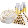 thumbnail image 1 of 175PCS Clear Plastic Plates for 25 Guests, Disposable Dinnerware Sets Include 50 Gold Rim Plastic Plates, 25 Silverwares, 25 Cups, and 25 Pre Rolled Napkins for Party, Graduation, 1 of 8