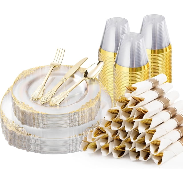 175PCS Clear Plastic Plates for 25 Guests, Disposable Dinnerware Sets Include 50 Gold Rim Plastic Plates, 25 Silverwares, 25 Cups, and 25 Pre Rolled Napkins for Party, Graduation
