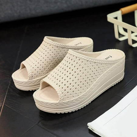 

Cathalem Women S Summer Thick Bottom Slope Heel Comfortable Hollow Sandals Mesh Outer Wear Womens Slippers with Backs Beige 7