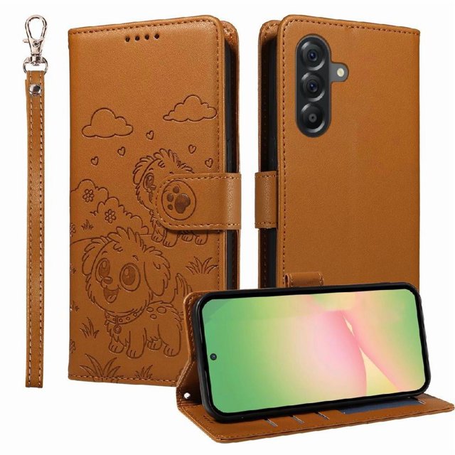 funda cartera gangxun con diseño de perrito en relieve para samsung galaxy a56 5g. Funda tipo cartera color café en piel sintética PU con perrito grabado en relieve, solapa con cierre, ranuras internas para tarjetas y ventana de identificación, bolsillo con cremallera, soporte plegable para ver videos horizontalmente y correa de mano desmontable, adecuada también para llevar tarjetas y efectivo de forma organizada.