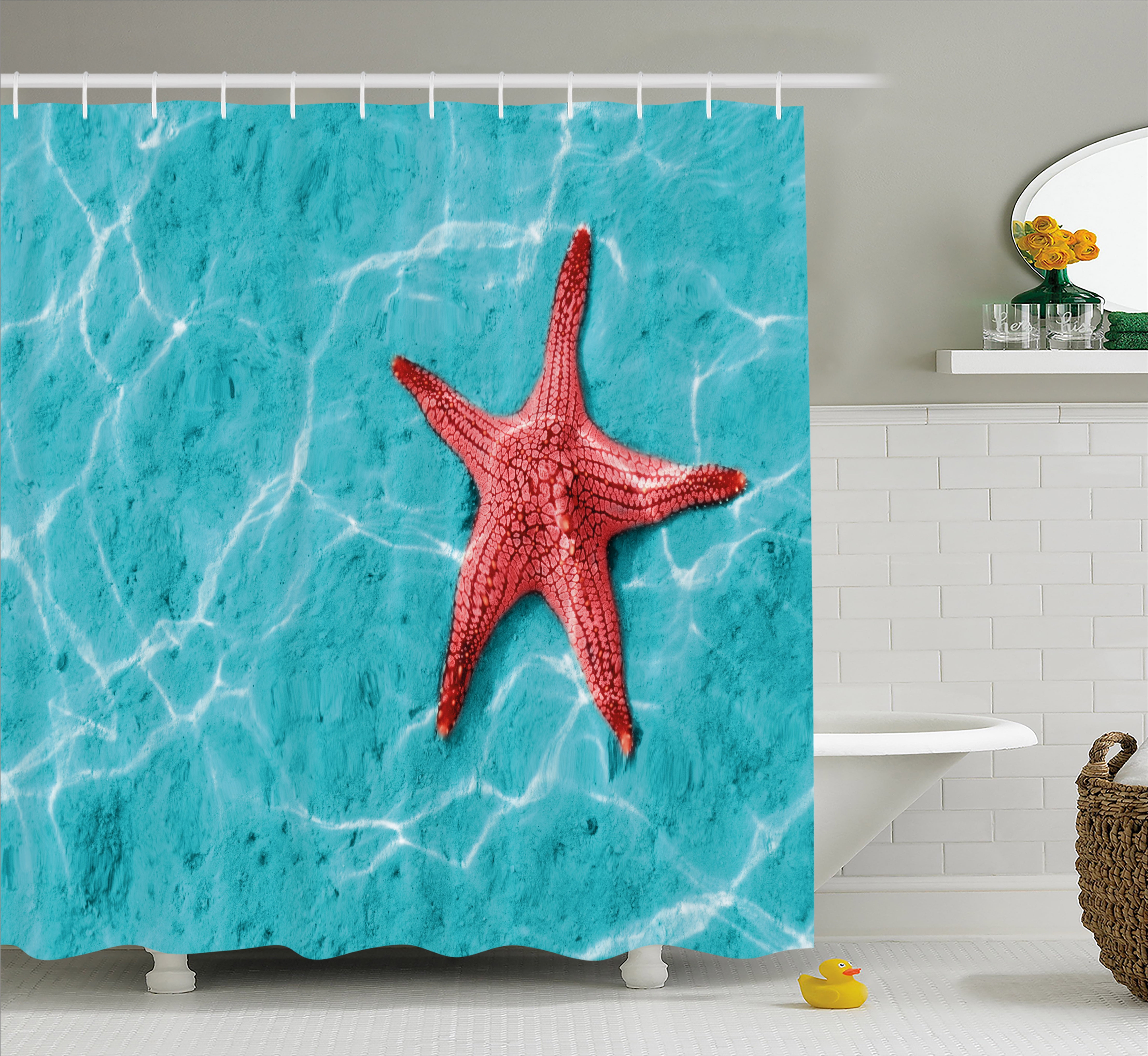 Starfish Decor Shower Curtain, Red Starfish in Vibrant Blue Water Sun