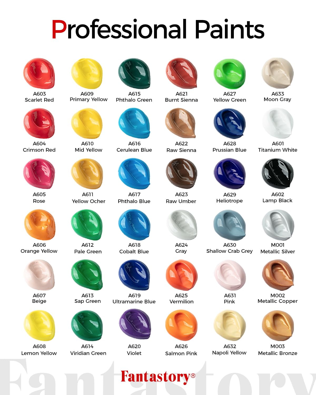 Fantastory Acrylic Paint Set 36 Colors(2oz/60ml) w/ 12 Brushes, Pro Craft Thick Paint Kits.