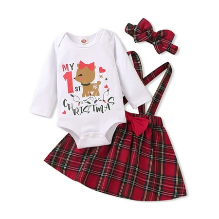 

Frontwalk Baby Swing Crew Neck 3Pcs Outfit Suit Check Print Cute Jumpsuit Top+Strap Dress+Headband Toddler Santa Claus Printed Party Spring Autumn Outfits K101811 100 (9-12M)