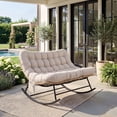 thumbnail image 1 of Indoor Outdoor Patio Rocking Glider Chair – 450 lbs Capacity – Weather-Resistant Rattan, UV-Proof Cushion & soft Toy Fleece Upholstery – Sturdy Rubber Wood & Reinforced Steel Frame, 1 of 5