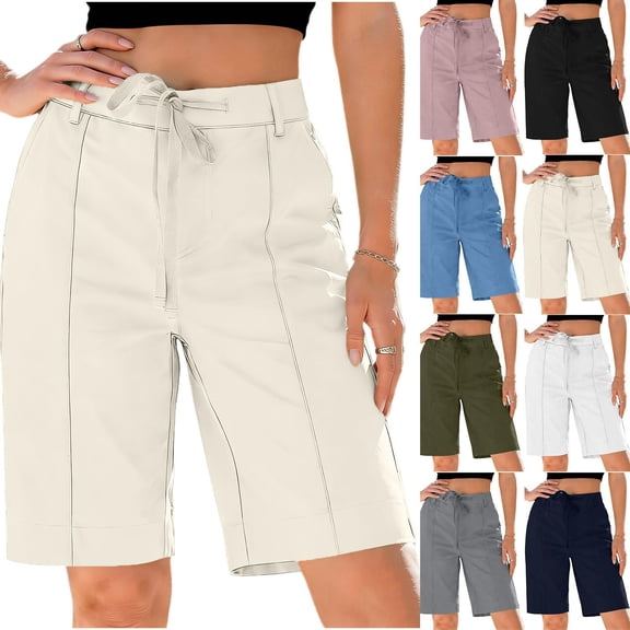 Women's Polyester Casual Solid Color Shorts with Pocket, Elastic Drawstring Waist Comfortable Shorts, Casual Summer Shorts for Travel Beach Lounge, Women Shorts | UKHCCC,Army Green L