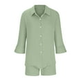 thumbnail image 4 of Bixock Women's 2 Piece Casual Set,Short Sleeve Shirt Shorts Outfits,Lapel Collar Long Sleeve Top Linen Solid Outfit Set, 4 of 5