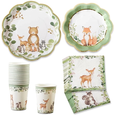Kate Aspen Woodland Baby Shower Decorations - 78-Piece Baby Shower Plates and Napkins Set with Cups for 16 Guests - Gender Reveal Decorations Forest Animal Theme Party Supplies and Table Decor