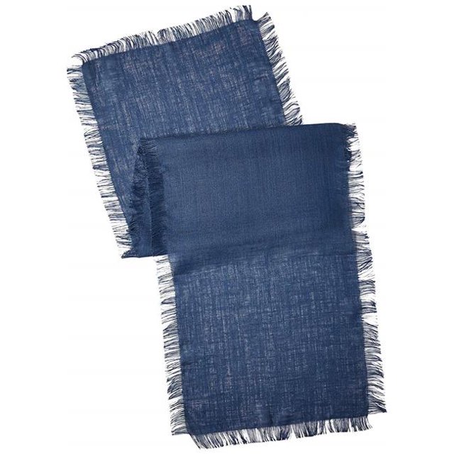 SARO 20 x 70 in. Rectangular Fringed Jute Table Runner - Navy