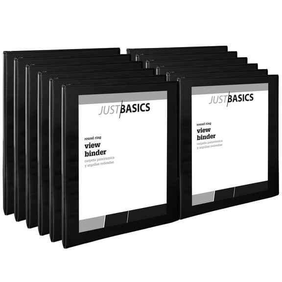 Just Basics Round-Ring View Binder, 1/2" Rings, 61% Recycled, Black, Pack Of 12 Binders