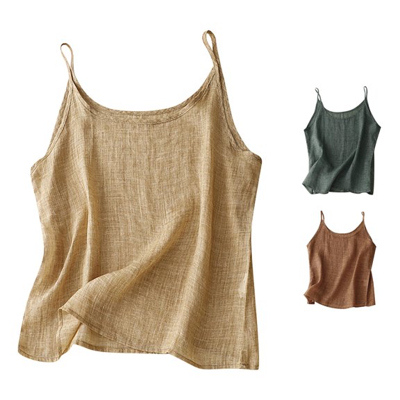 Rhuody Summer Tank Tops For Women Spaghetti Strap Round Neck Linen Top Thin Layering Loose Fit Slimming Shirt Classic Clothes 3Xl Khaki