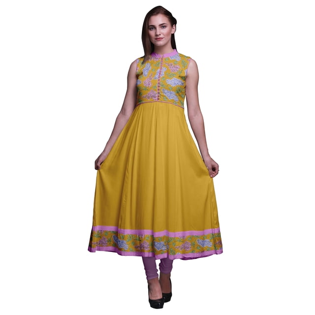 Bimba Robe Anarkali à Motif de Verge d'Or Florale pour Femmes, Kurti Imprimée Ethnique Indienne, Longue Kurta, Robe de Soirée, XX-Grand