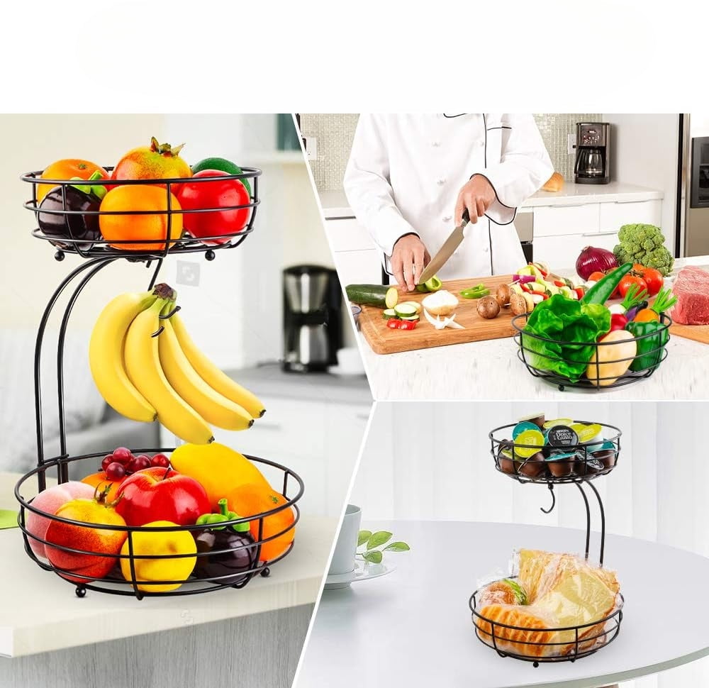 Iron 2-Tier Countertop Fruit Basket. Storage with Banana Hanger. Black, 64 Ounces. Stylish and Practical. Organize Your Fruits and Veggies. Durable Iron Construction.