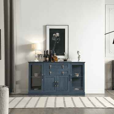 Large Sideboard Cabinet With Storage,Modern Buffet Cabinet WIth Glass Doors,Sideboard With Drawers and Adjustable Shelves,For Kitchen And Dining Room,Blue