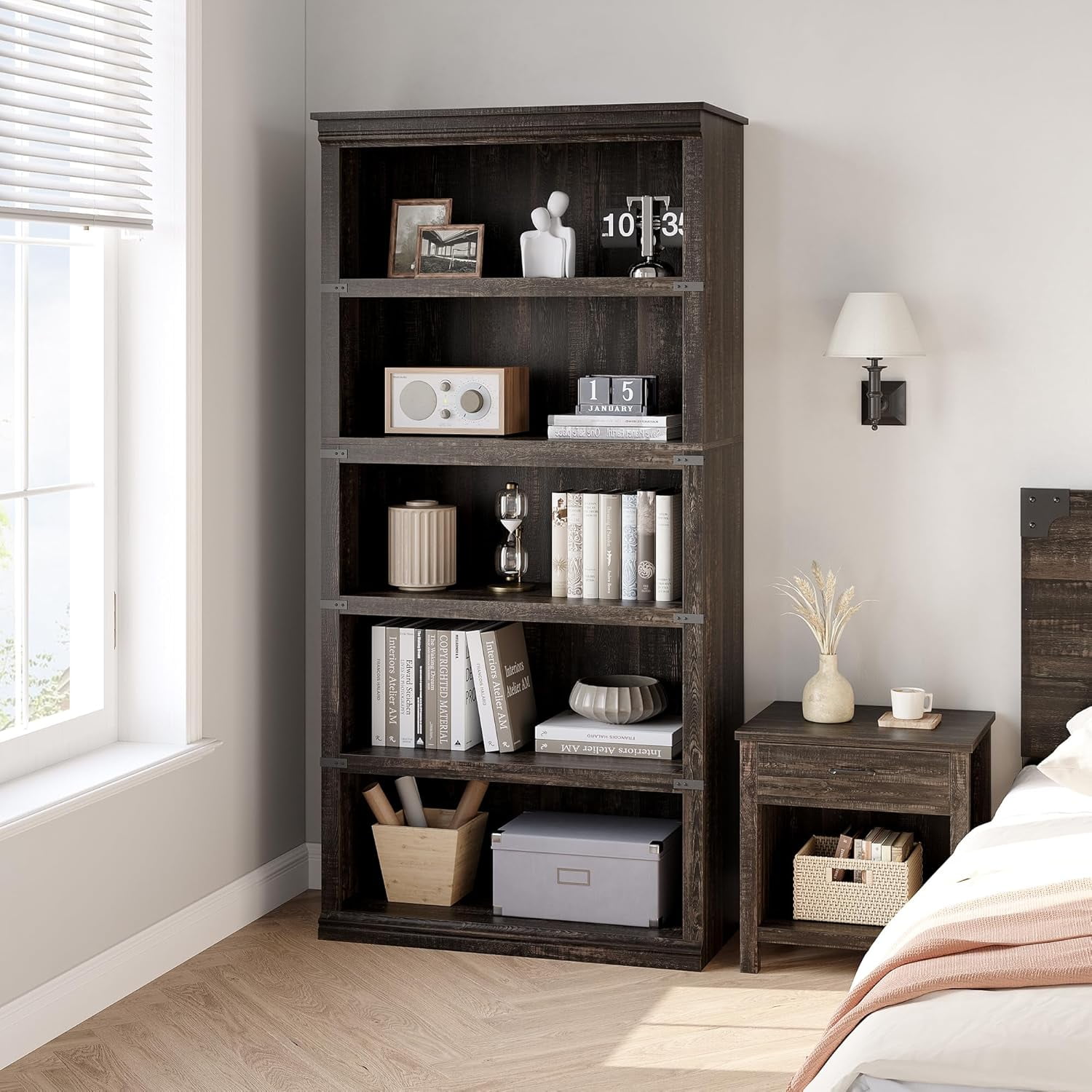 67.4" Tall 5-Tier Farmhouse Bookcase – Wooden Bookshelf with Open Display Shelves and Storage, Freestanding Home Office, Living Room, Bedroom Furniture, Dark Oak