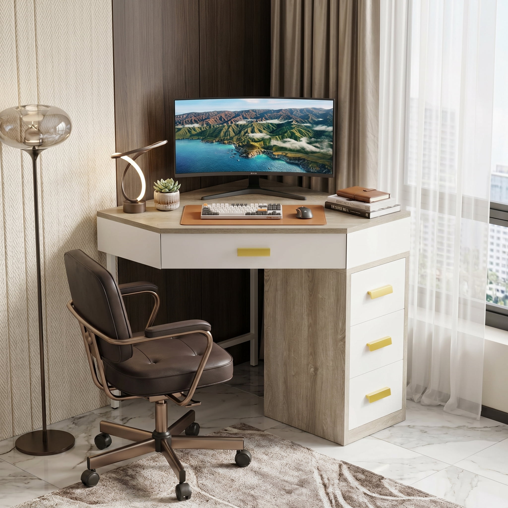 Fnova Corner Desk for Small Space, Triangle Computer Desk with 3 Drawers, 90-Degree Makeup Vanity Desk for Home Office, Bedroom (Grey+White)