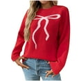 thumbnail image 2 of EchfiProm Y2k Women Sweaters Pullover Red Relaxed Fit Solid Bow Long Sleeve Knit Crew Neck Sweater Top S, 2 of 7