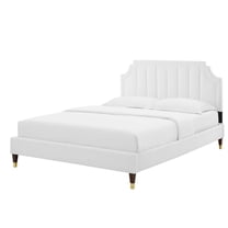 Platform Bed Frame, Full Size, Velvet, White, Modern Contemporary Urban Design, Bedroom Master Guest Suite