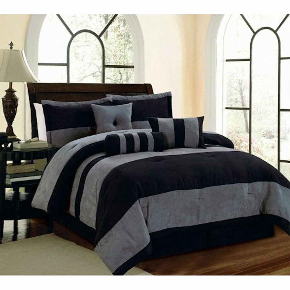 Legacy Decor 5 PC Black and Grey Micro Suede Striped Comforter Set