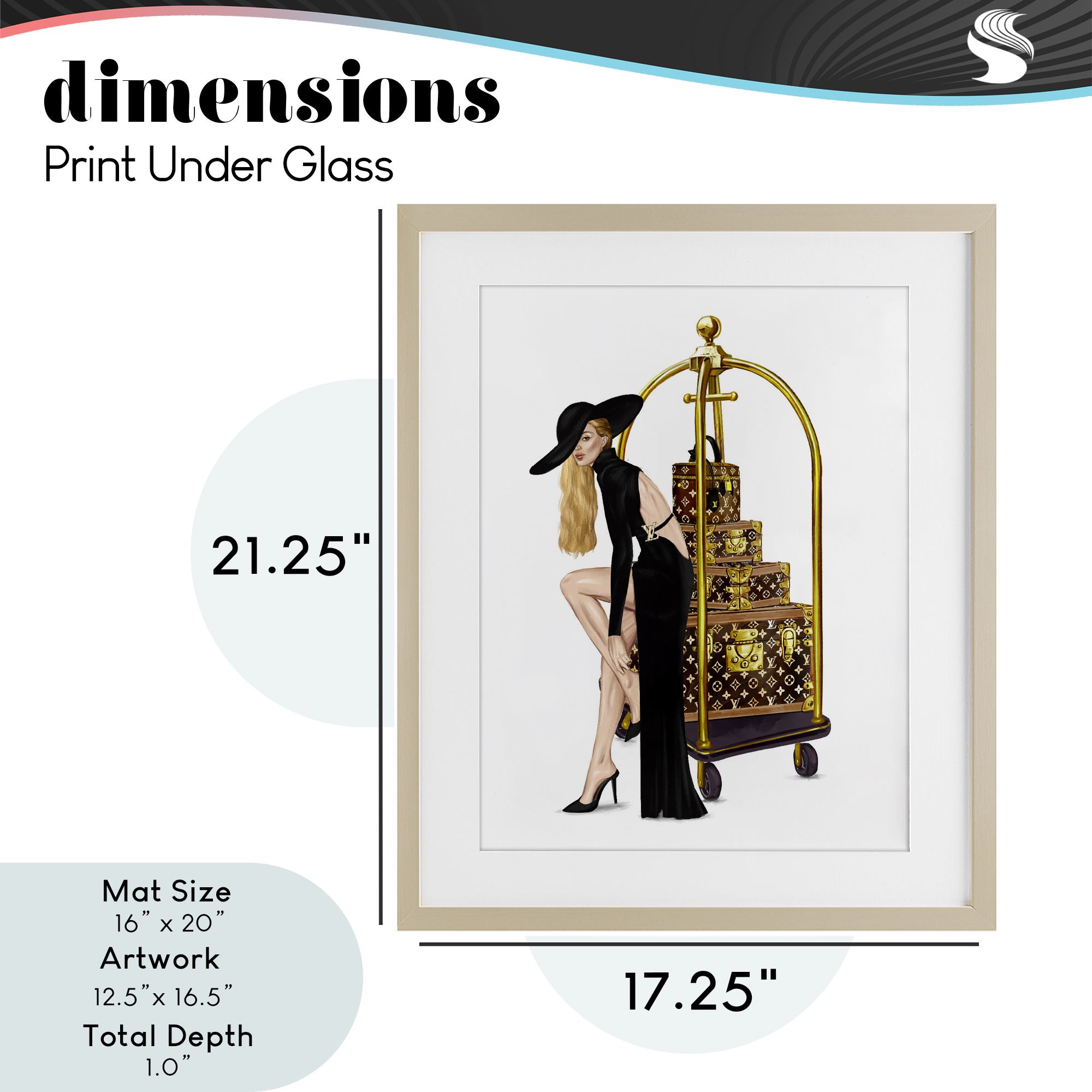 Fashionista with Hotel Luggage Birch Framed Print Under Glass, design by Ziwei Li