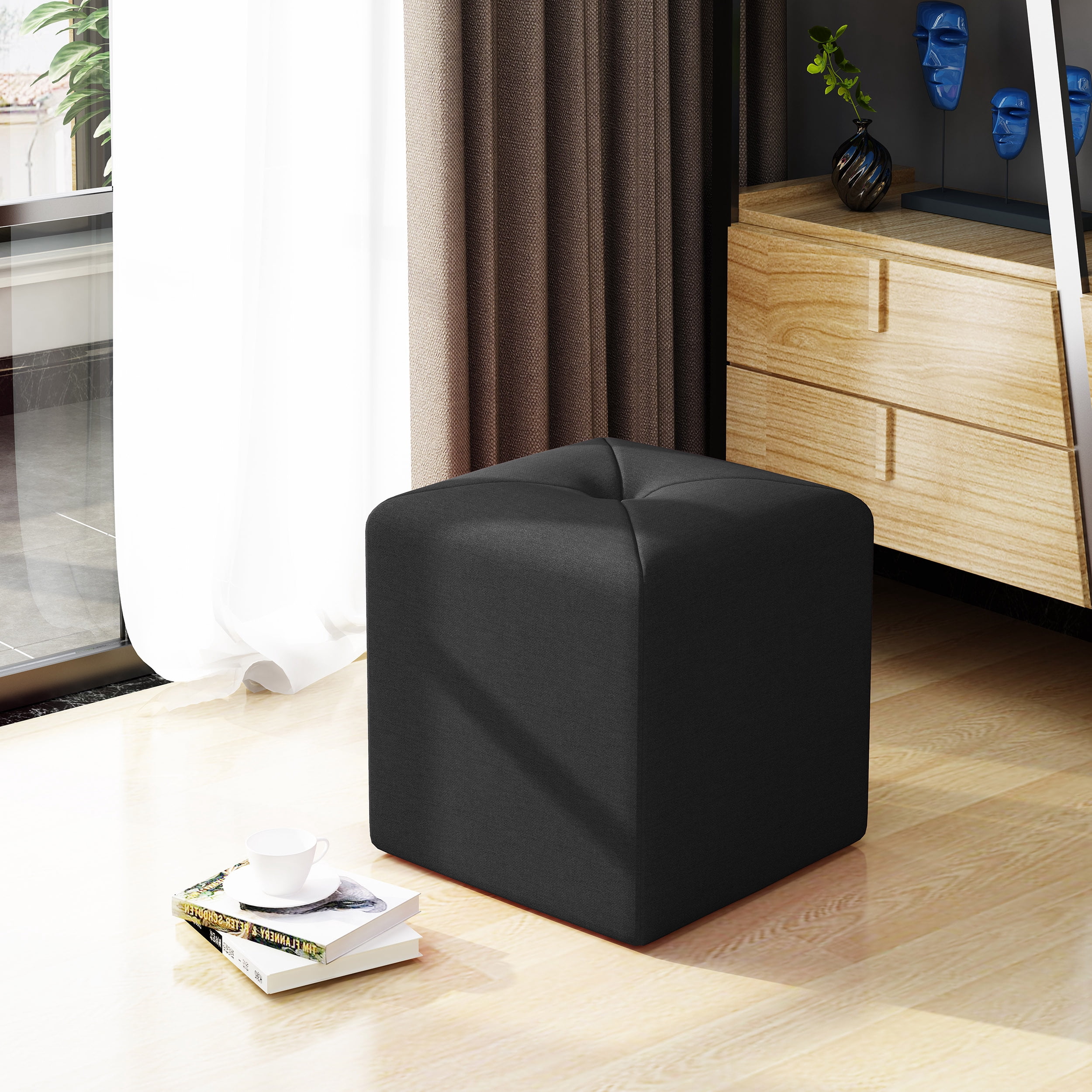 Noble House Brandon Fabric Square Ottoman,Dark Charcoal