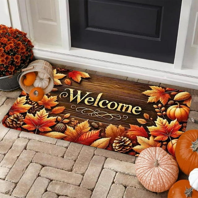 Feltree Thanksgiving Fall Welcome Mat Non-Slip Doormat 15x24 Inch Front Door Mat with Pumpkin Maple Leaf Design for Halloween Home Decor