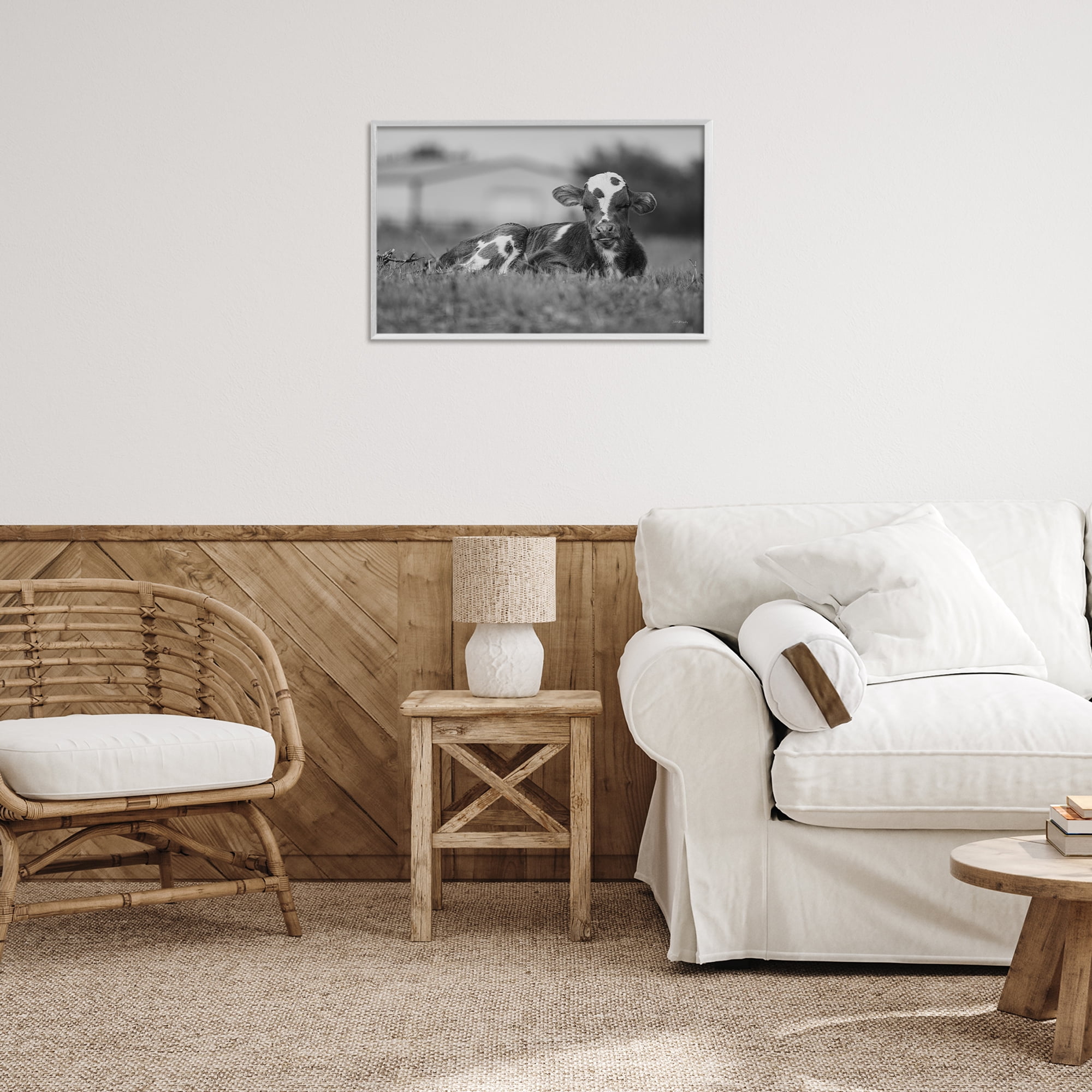 Stupell Industries Resting Cow in Grass Animals & Insects Photography White Framed Art Print Wall Art, 24 x 16