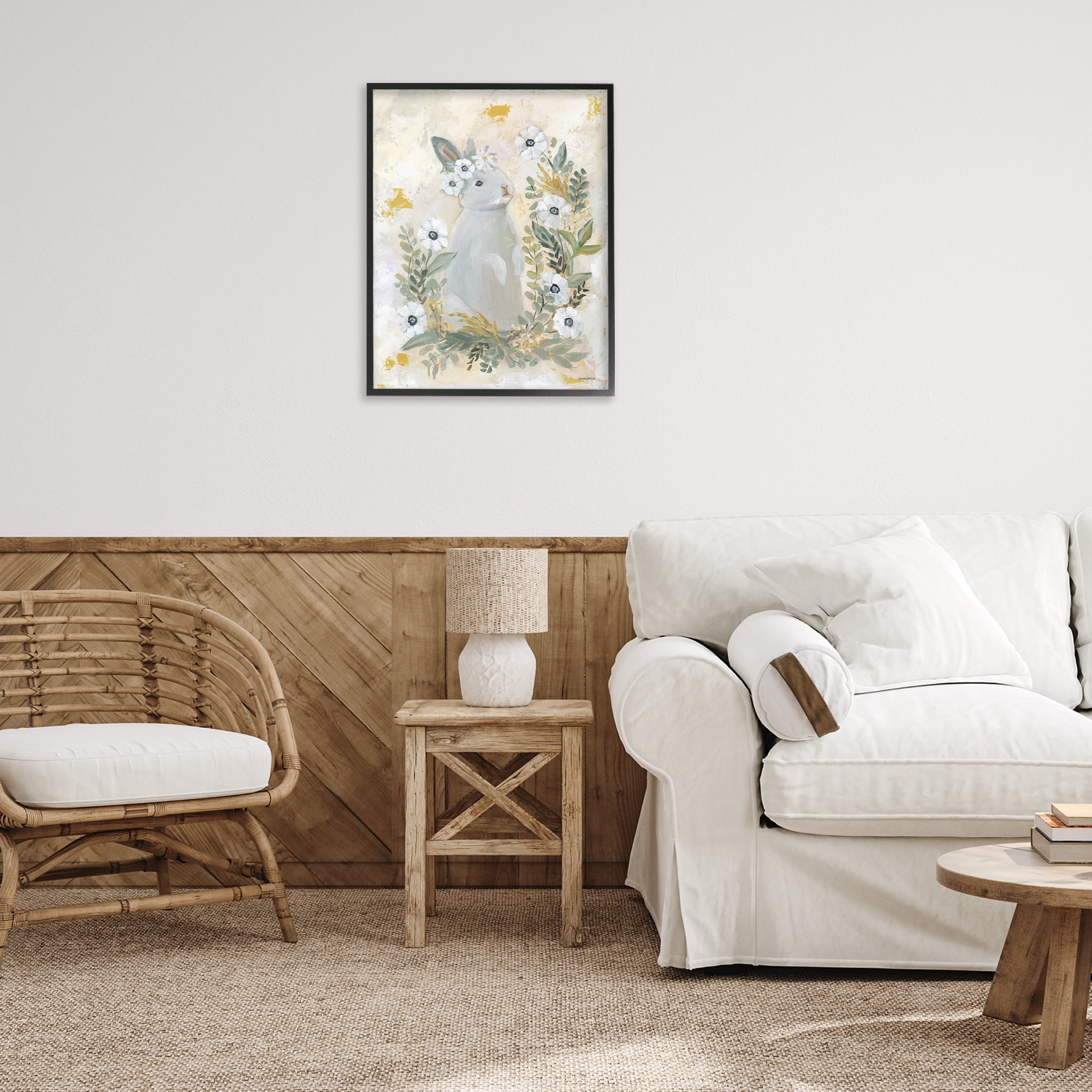 Bunny with White Blooms Black Framed Giclee Art, 24 x 30, Made In USA