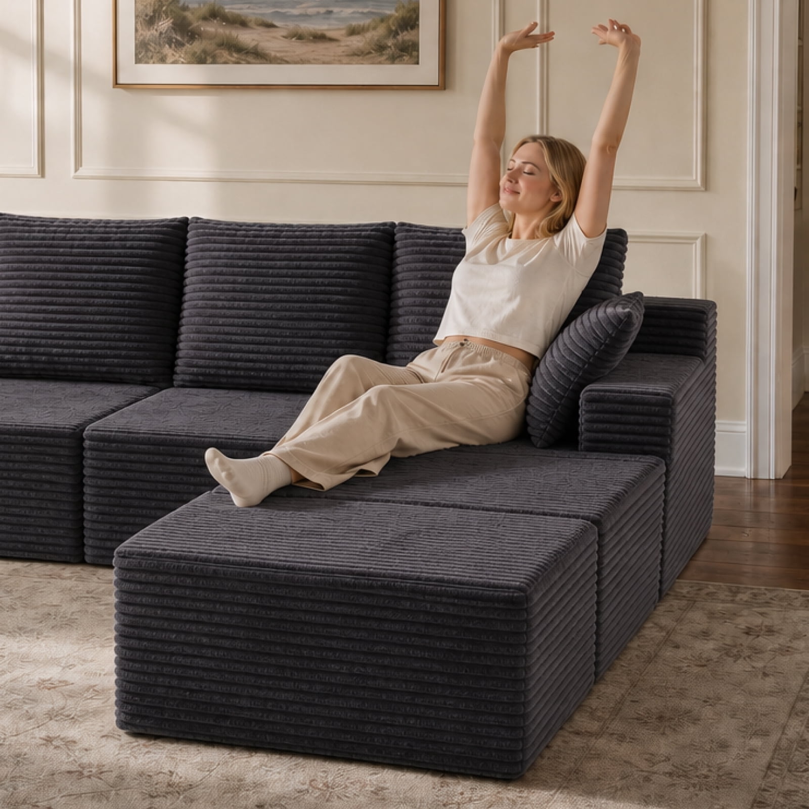 131" Oversized U Shaped Boneless Modular Sectional Sofa with 2 Ottoman and 6 Pillows