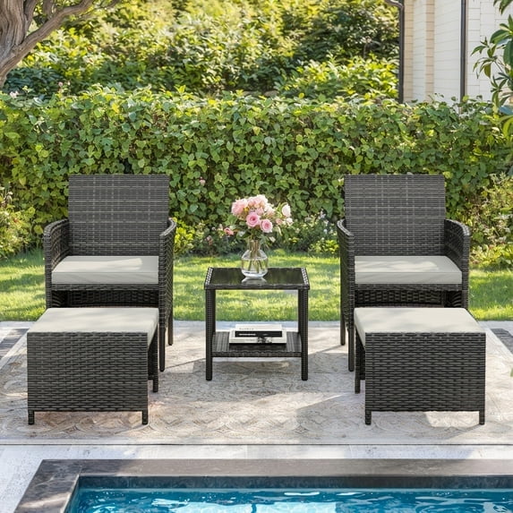 ELPOSUN 5-Piece Outdoor Rattan Patio Furniture Set, Conversation Chair with Side Table & Storage Ottoman for Small Balcony, Porch, Deck, Poolside, Black