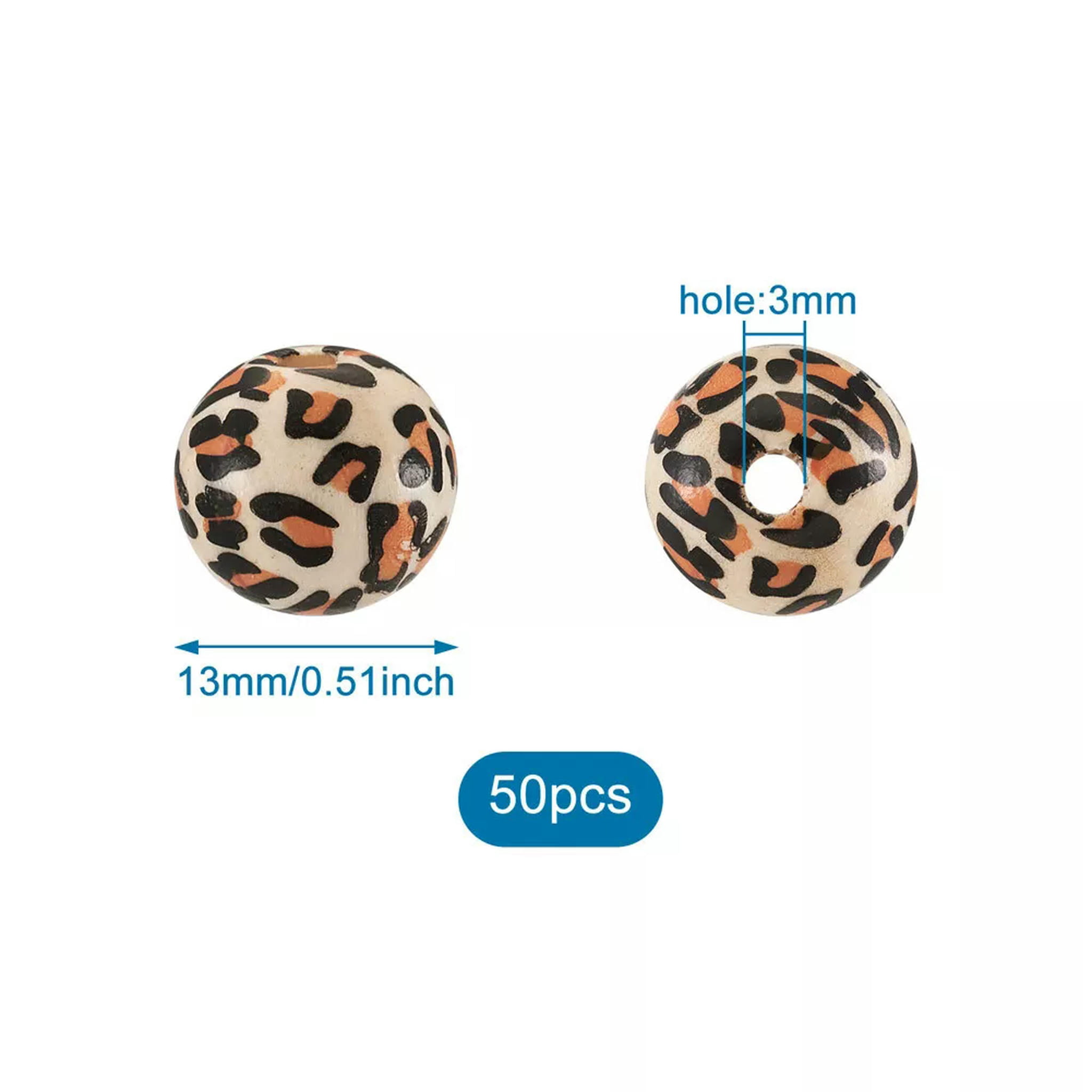 EOEMY 50Pc 13mm Round With Leopard Printed Natural Wooden Beads Peru Ball Loose Spacer