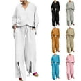 thumbnail image 2 of GILIGEGE Linen Sets for Women 2 Piece Summer 2 Piece Outfits Cotton Linen Sets Button Down Shirts and Drawstring Wide Leg Long Pants with Pockets Wide Leg Pants Tracksuit Lounge Matching Sets, 2 of 9