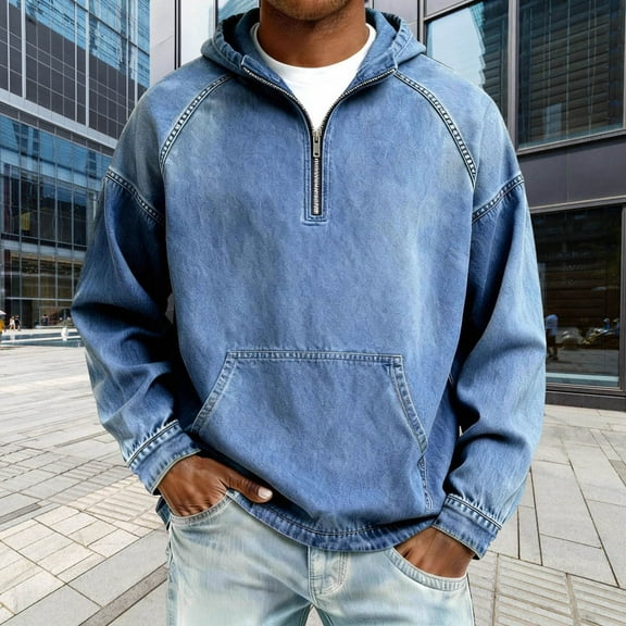 Fewfanhot Men Sweatshirt Zip Up Denim Hoodie Sweatshirt Jean Jacket Coats with Pockets